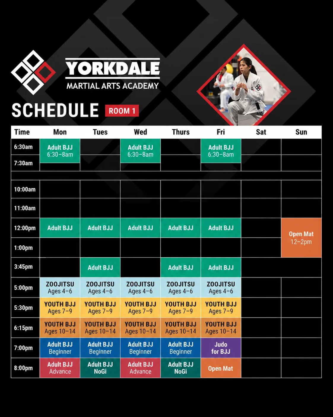 Room 1 weekly class schedule for BJJ and Taekwondo at Yorkdale Martial Arts Academy in York