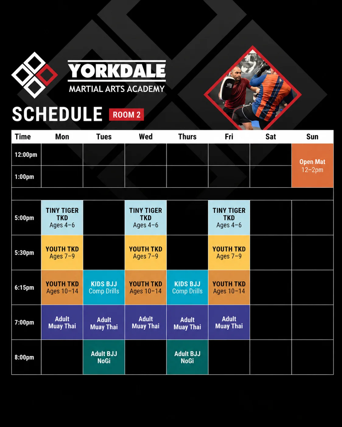 Room 2 weekly class schedule for Muay Thai at Yorkdale Martial Arts Academy in York