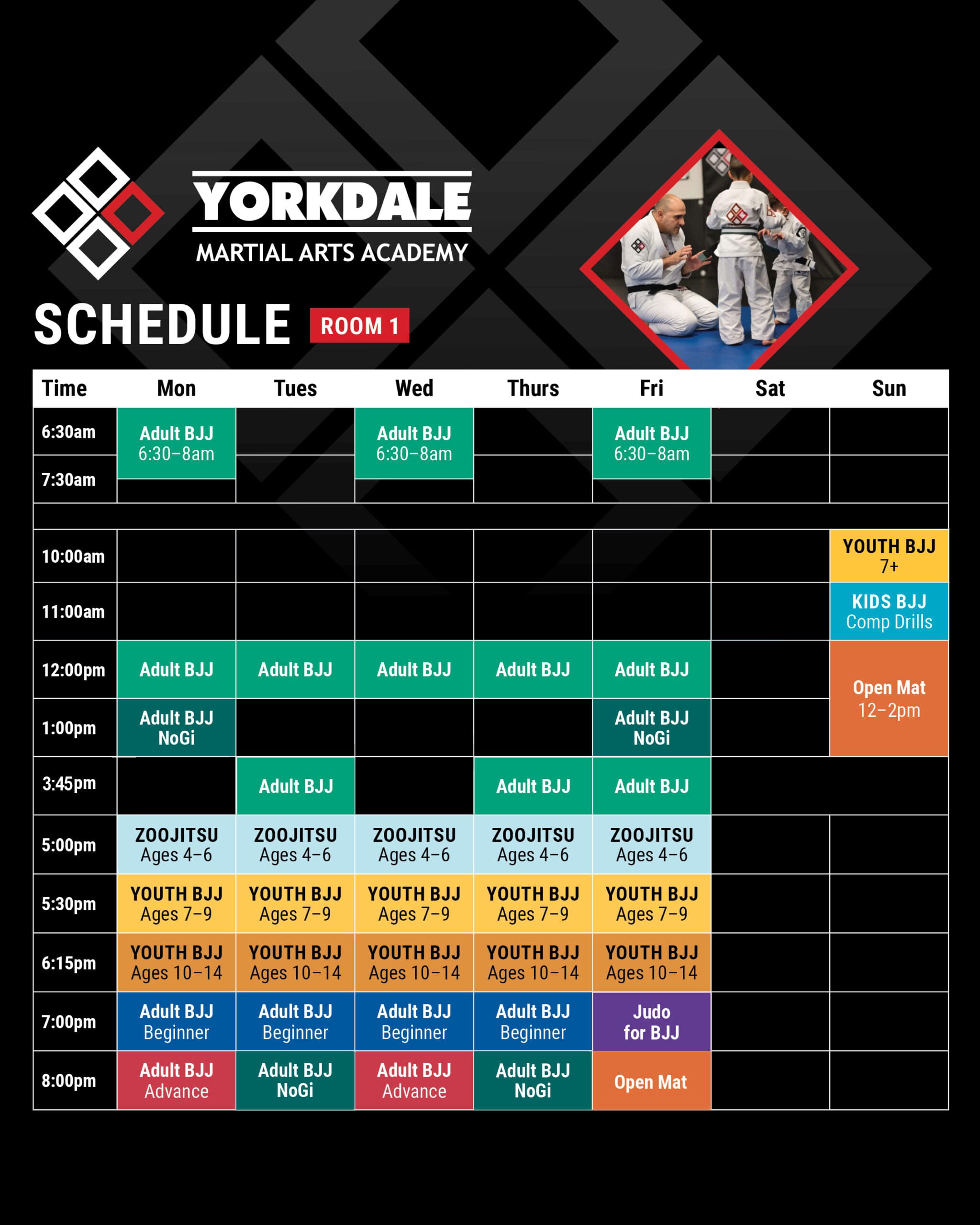 Room 1 weekly class schedule for BJJ and Taekwondo at Yorkdale Martial Arts Academy in York