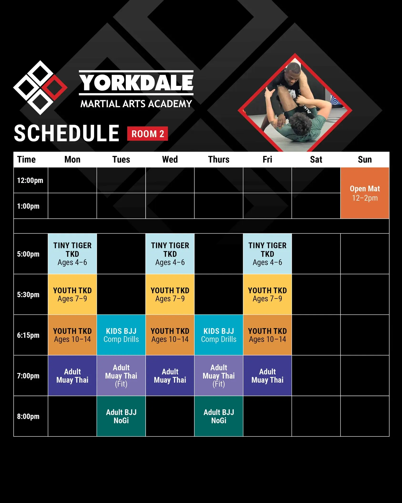 Room 2 weekly class schedule for Muay Thai at Yorkdale Martial Arts Academy in York
