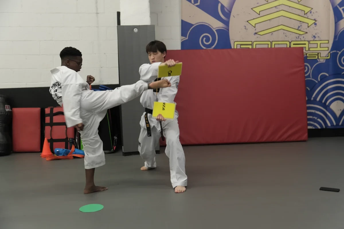 Taekwondo student kicking target for Toronto area at Yorkdale Martial Arts - precision training